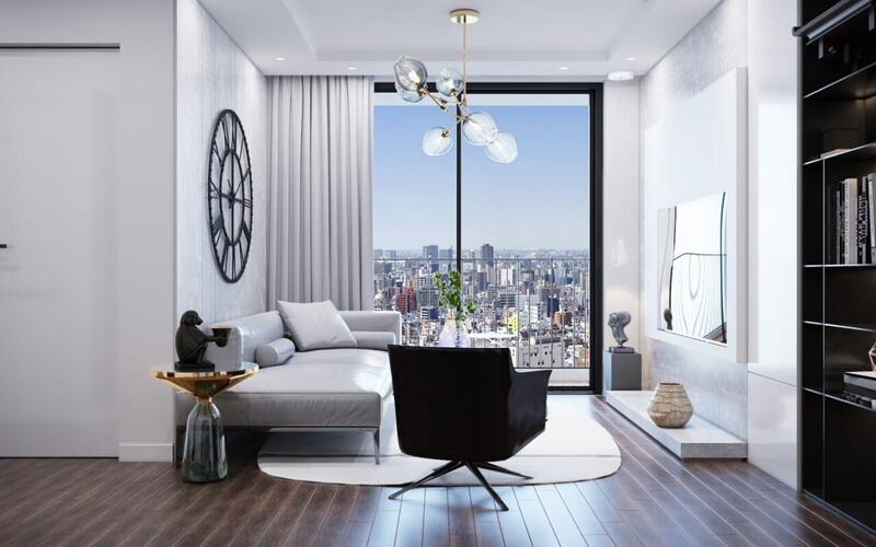 thiết kế nội thất phòng khách căn hộ màu trắng hiện đại