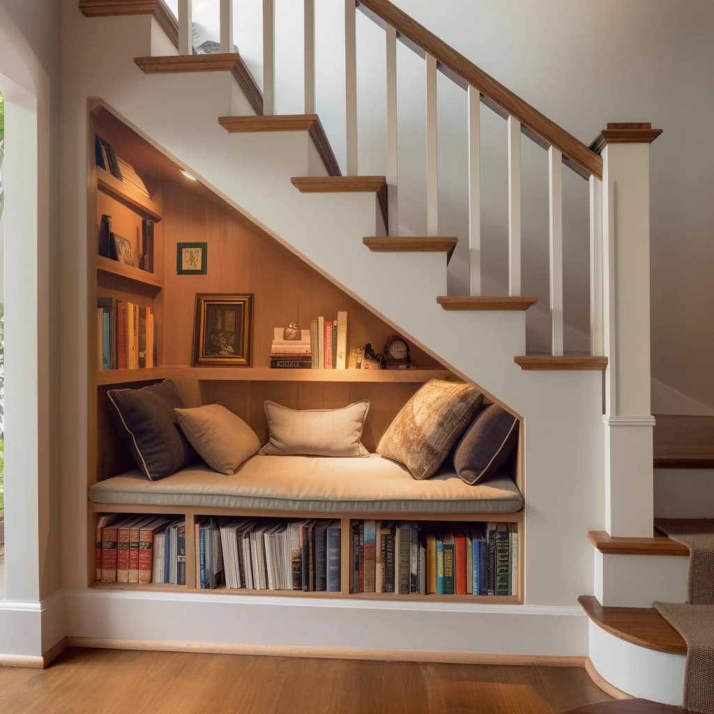 2- Thiết kế góc đọc sách thông minh và tiện lợi dưới cầu thang 